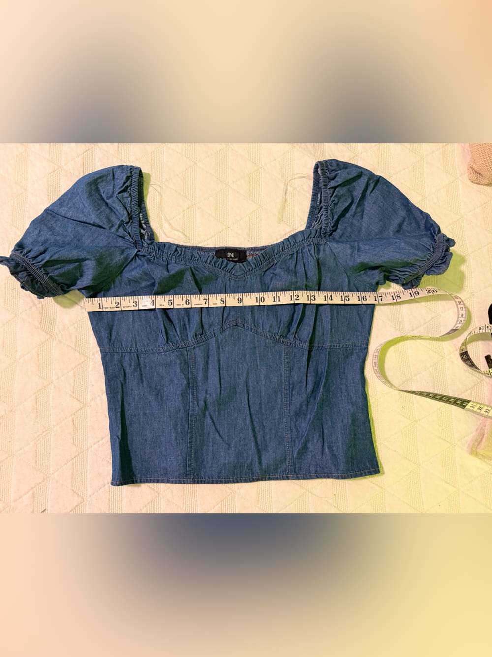 NWOT Denim Puff-Sleeve Square Neck Top - Blue Size M